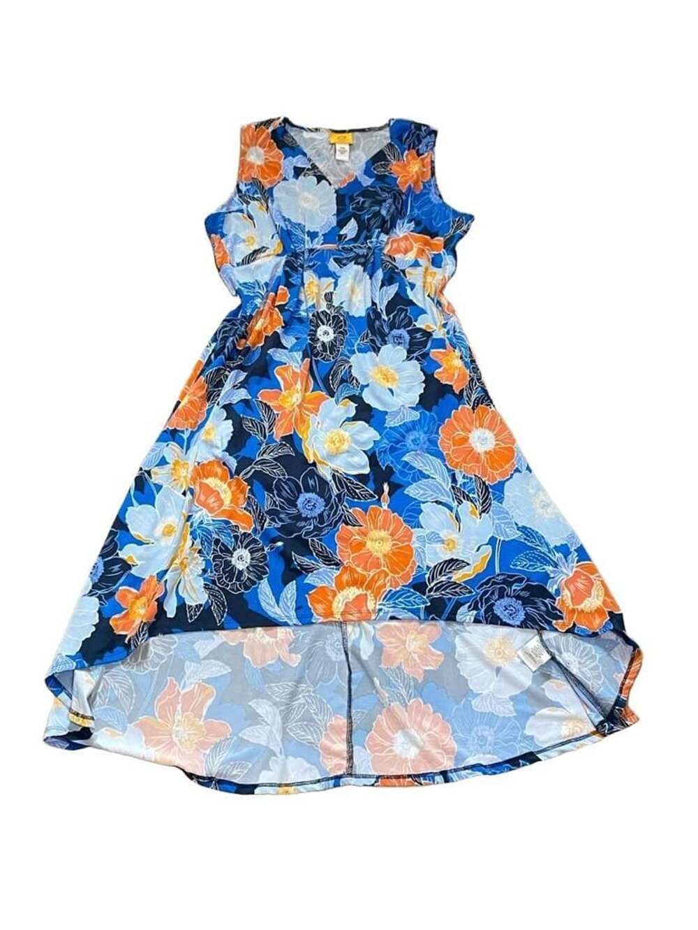 Ruby Rd. Petite Sleeveless V-Neck Blue Orange Floral Hi-Low Dress Size PM